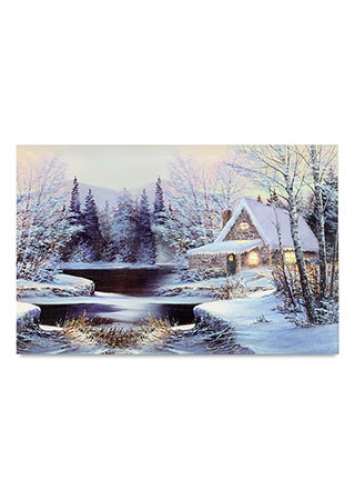 LED OBRÁZEK (SVÍTÍCÍ) - ZASNĚŽENÁ KRAJINA S KAMENNOU CHALOUPKOU (20CM X 15CM)