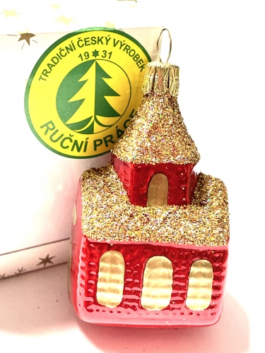 VÁNOČNÍ OZDOBA - ČERVENÝ KOSTELÍK - RUČNÍ VÝROBA, SKLENĚNÁ