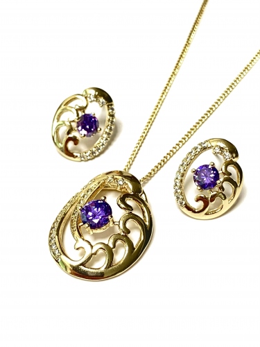 OVÁLNÝ ZDOBNÝ SET V BARVĚ 14K ZLATA S FIALOVÝM KRYSTALEM + ŘETÍZEK (47CM)