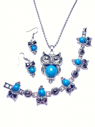 SET MAGICKÁ SOVA S OZDOBOU V DESIGNU TYRKYSU - PŘÍVĚSEK, NÁRAMEK, NÁUŠNICE